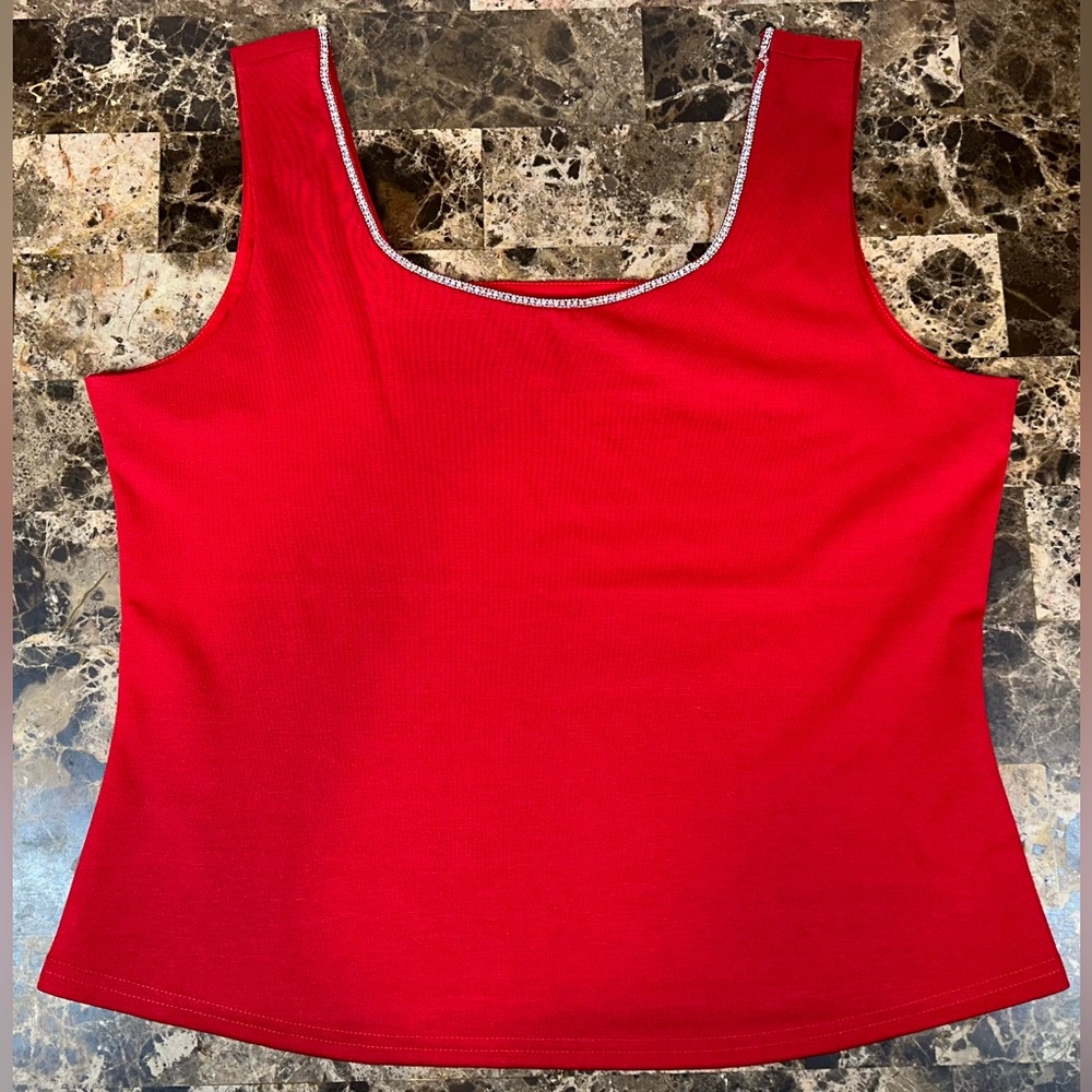 Nicole Miller Red Sleeveless Blouse Top Rhinestone Neck Trim Women's